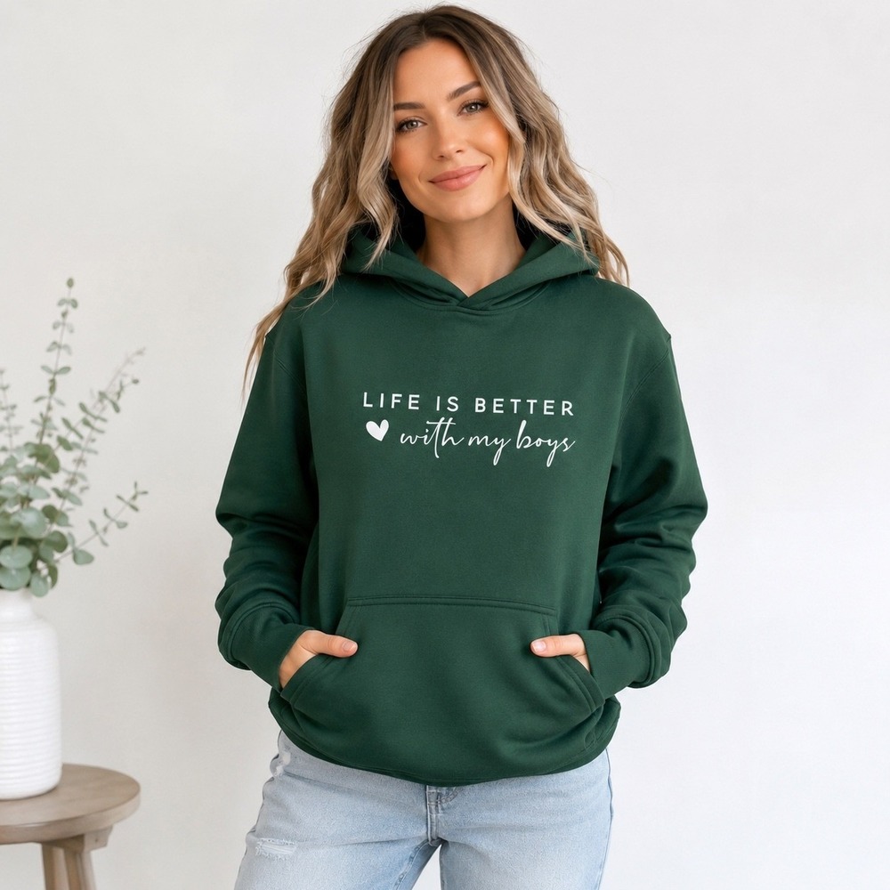 Green "Life Is Better With My Boys" Mom Hoodie Pullover Size L
